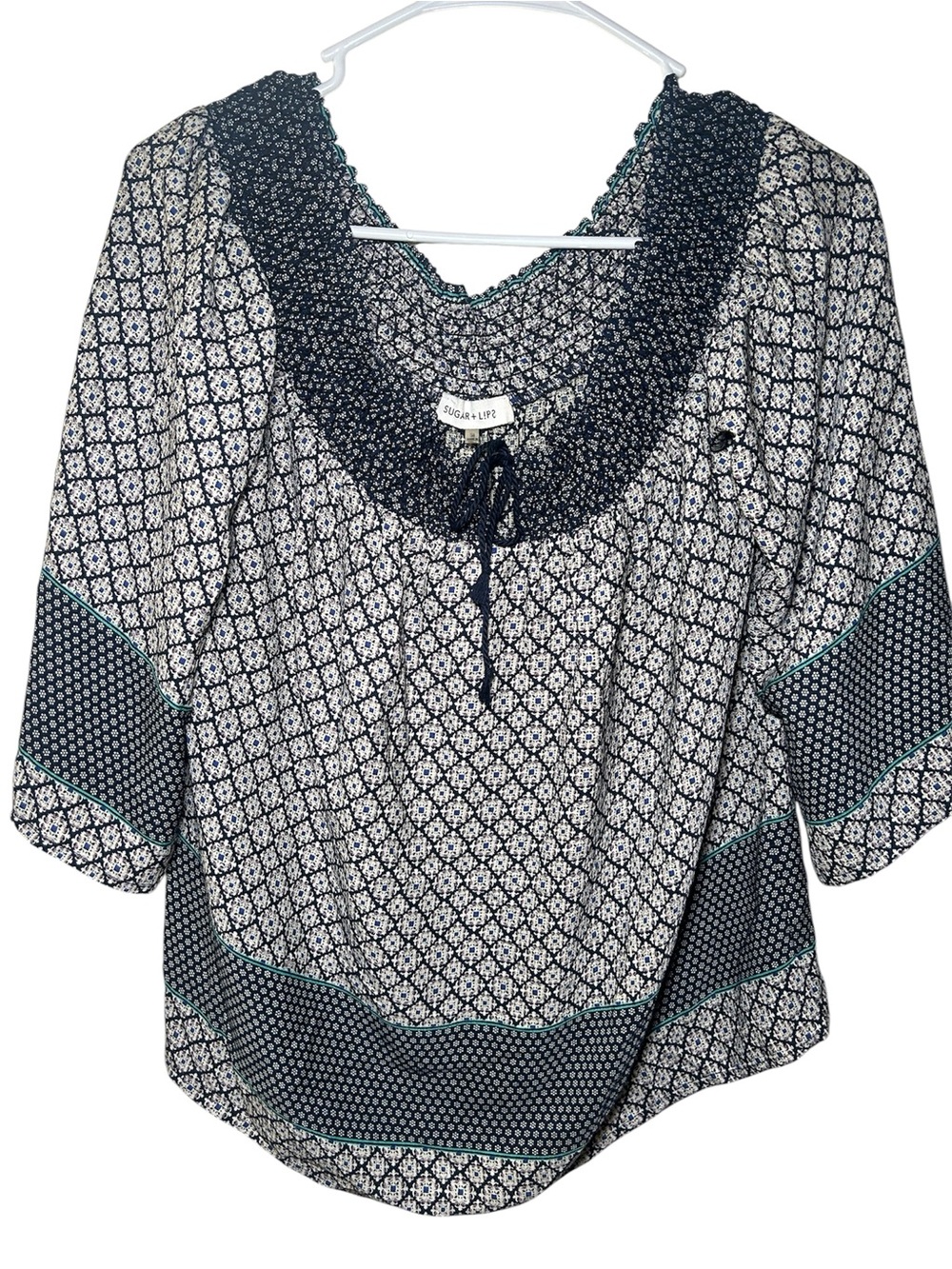 Sugar Lips Navy Printed Peasant Blouse Medium Boho Aztec Country Lightweight
